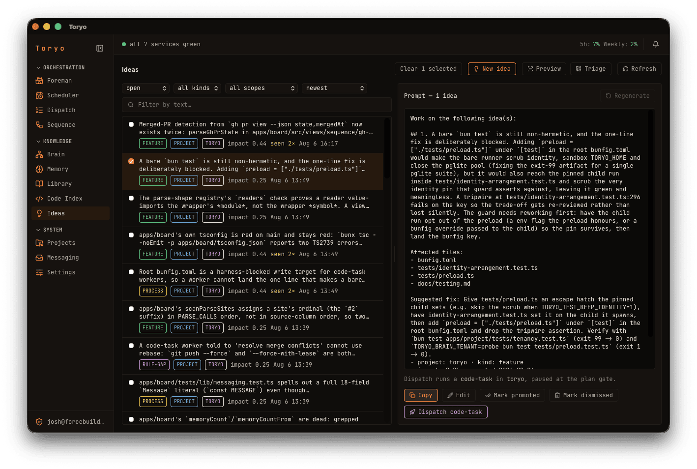 toryo's ideas view: filed findings tagged feature, process, and rule-gap, with a generated task brief and a button to dispatch it.